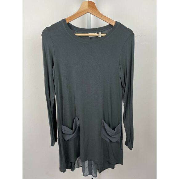 LOGO Lori Goldstein XXS Knit Top with Chiffon Pockets and Back Detail Rayon Gray - Picture 9 of 9